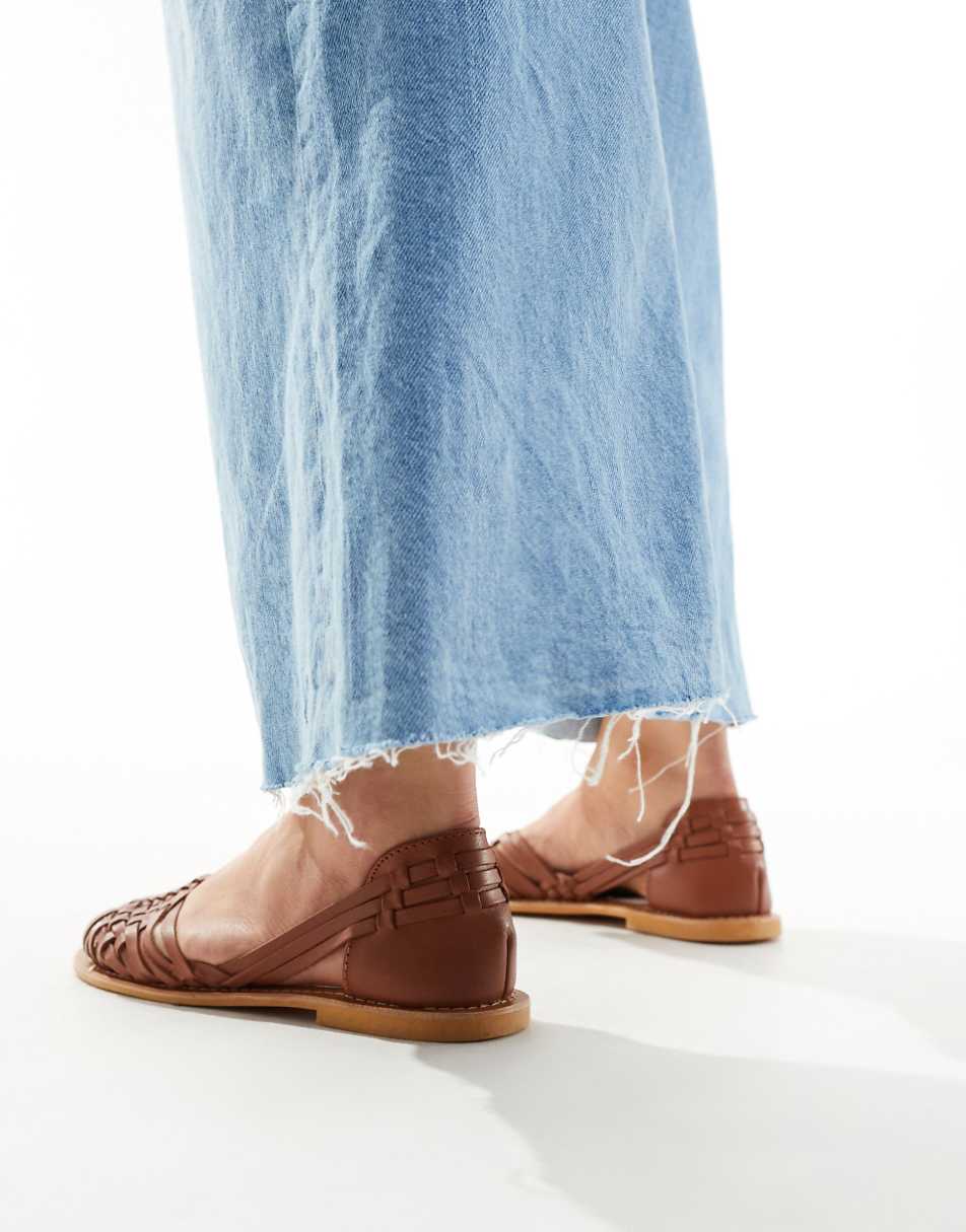 ASOS DESIGN Wide Fit Francis leather woven flat sandals in tan