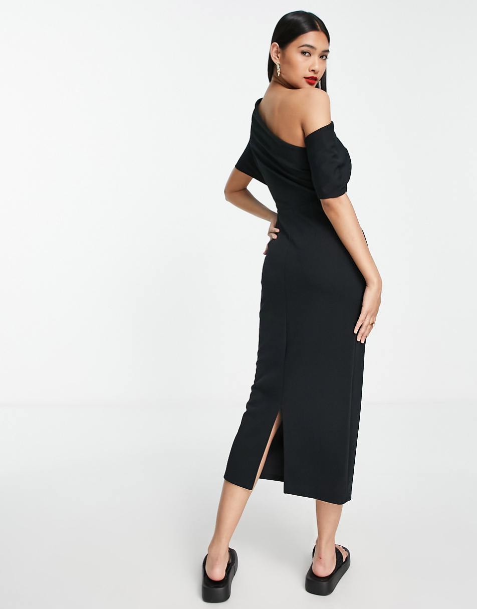 ASOS DESIGN pleated shoulder pencil dress in black