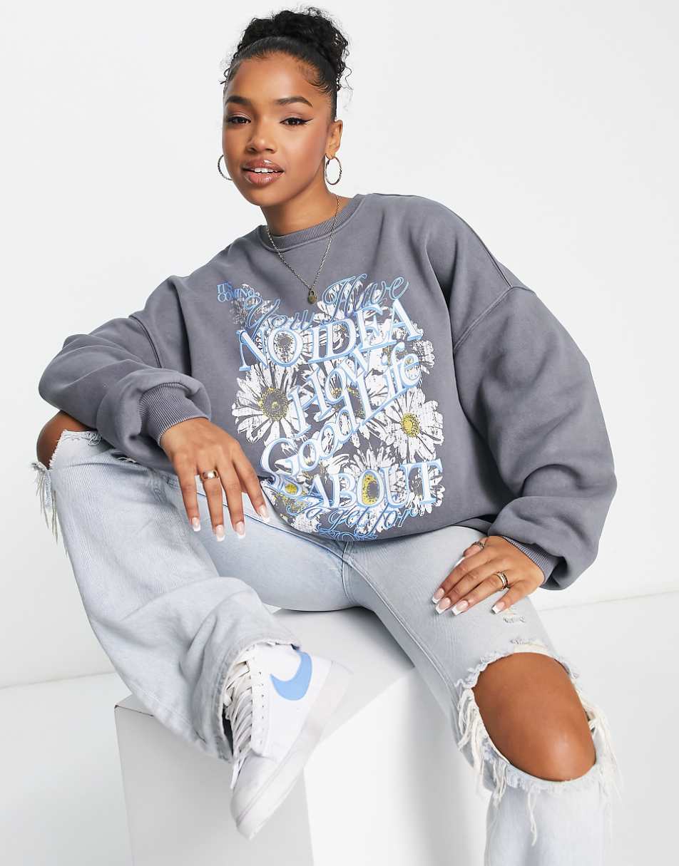 Bershka graphic print oversized sweat in gray