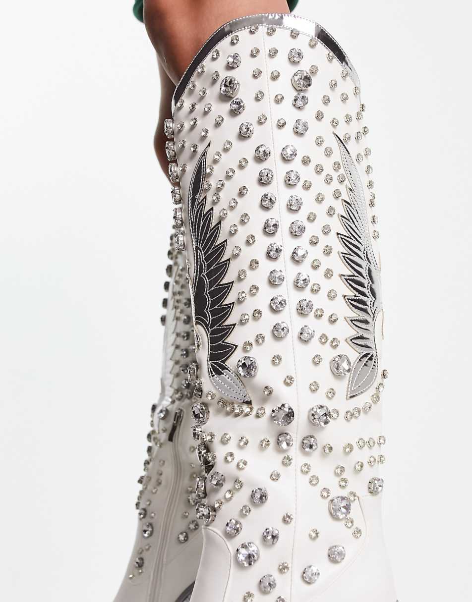Azalea Wang Upbeat embellished western knee boot in white