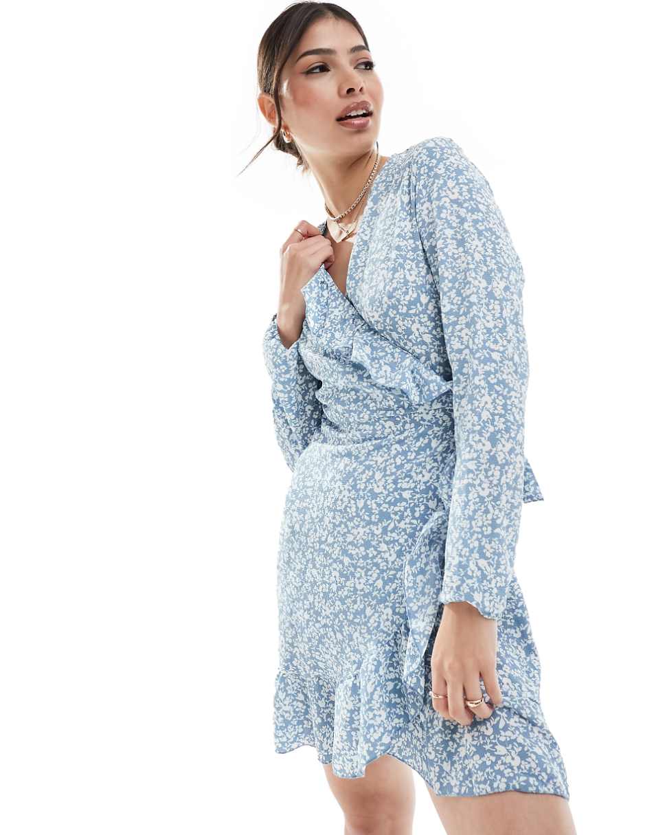 Only wrap mini dress in blue ditsy floral