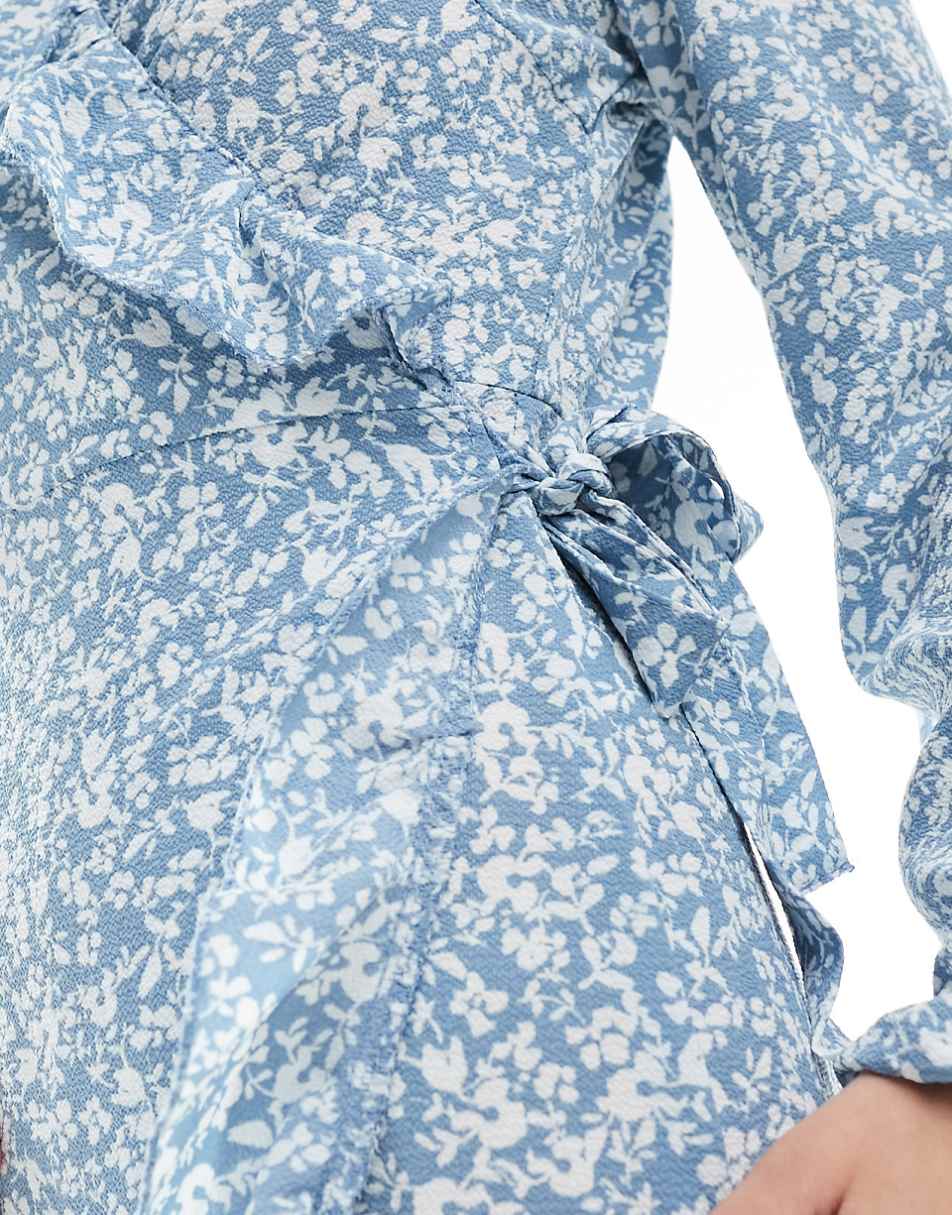 Only wrap mini dress in blue ditsy floral