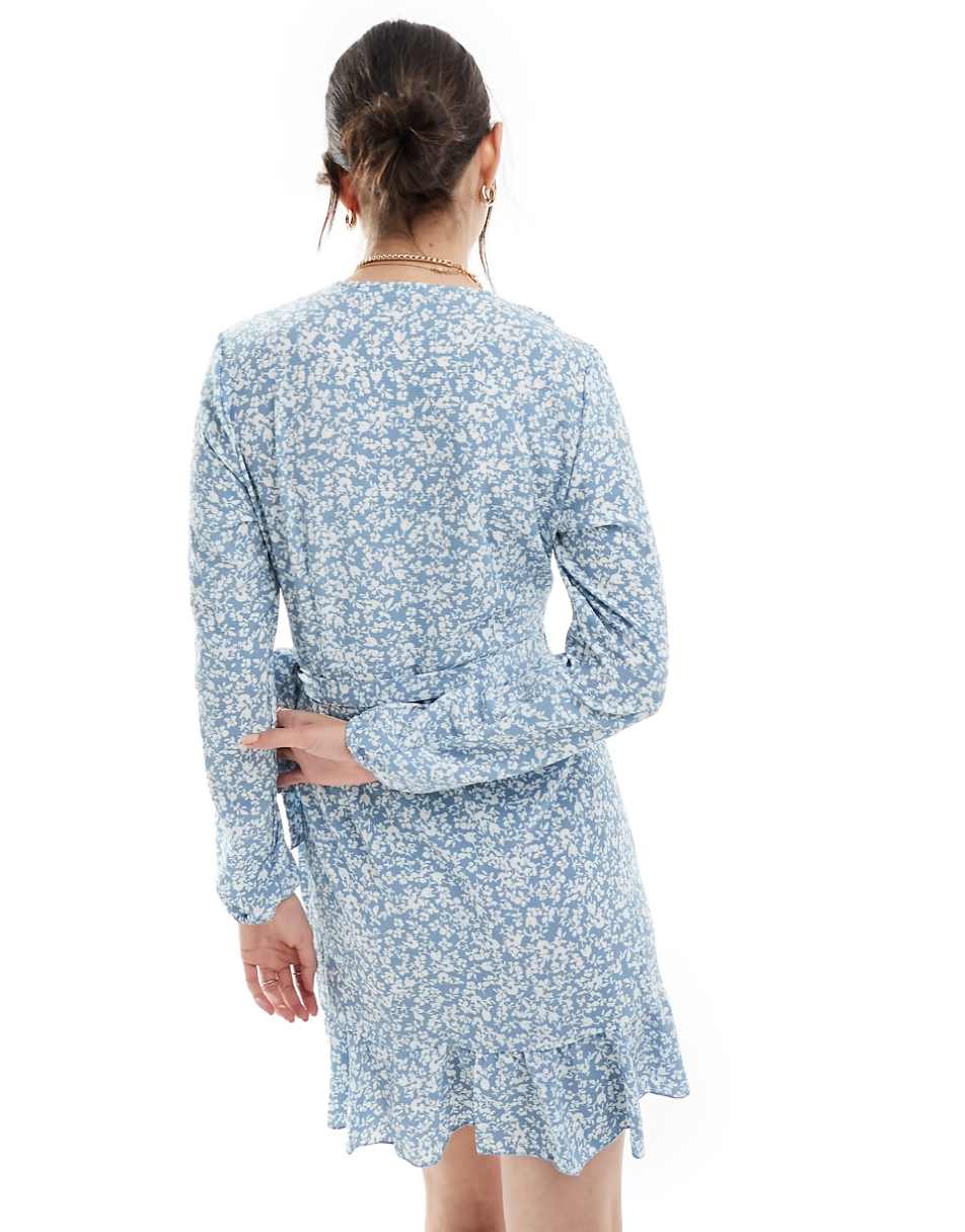 Only wrap mini dress in blue ditsy floral