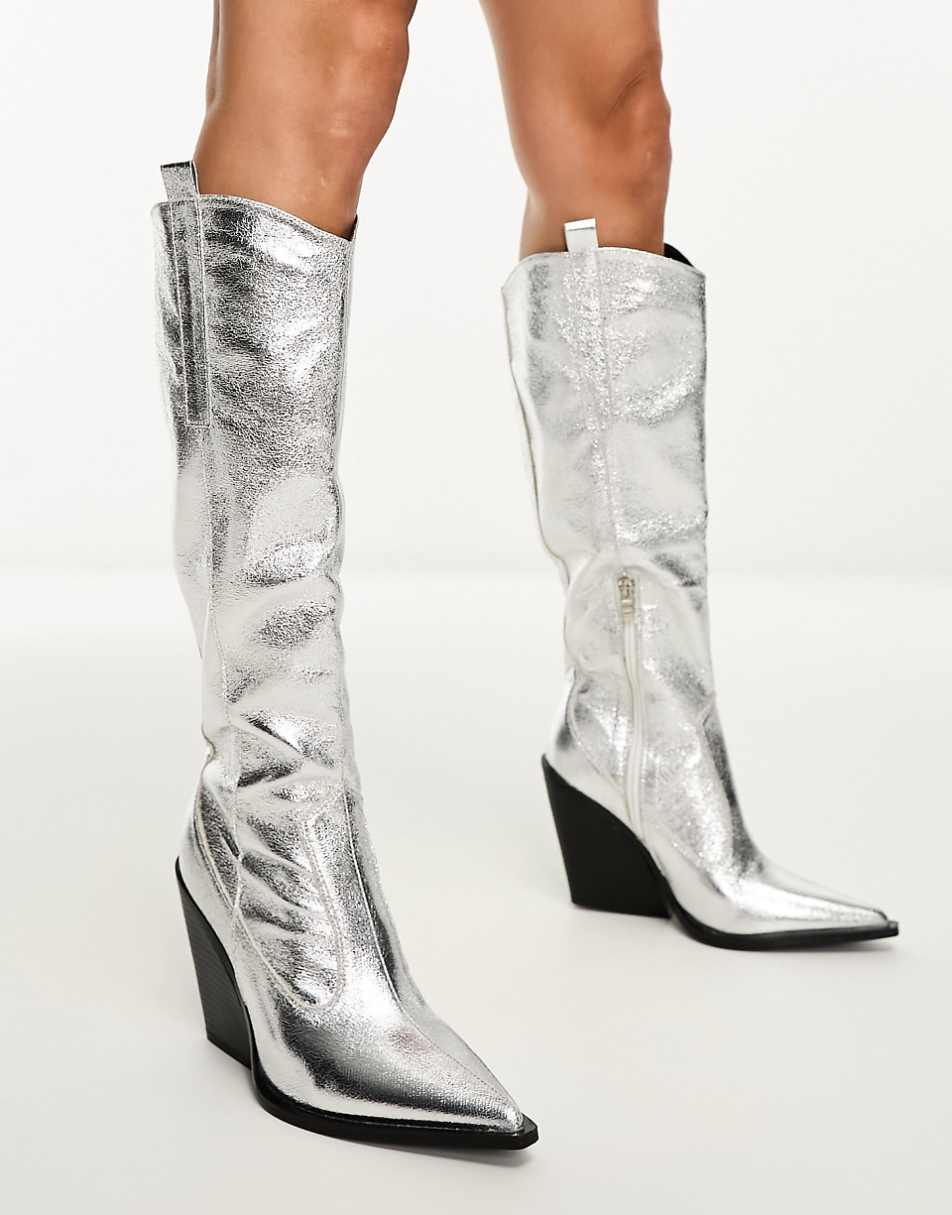 Public Desire Nevada western knee boot in textured silver