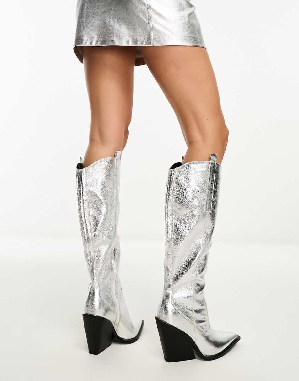 Public Desire Nevada western knee boot in textured silver