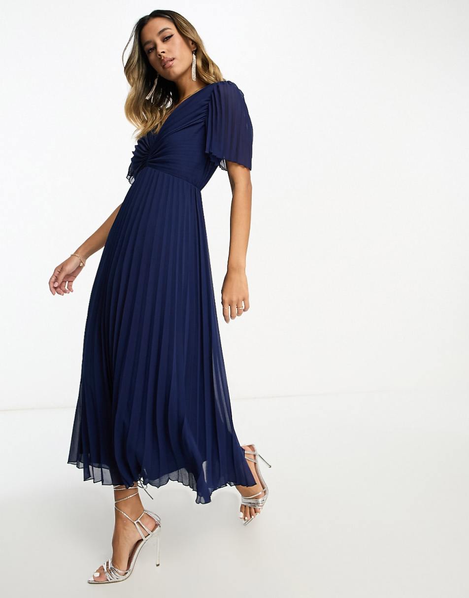 ASOS DESIGN pleated bodice flutter sleeve pleat midi dress in navy