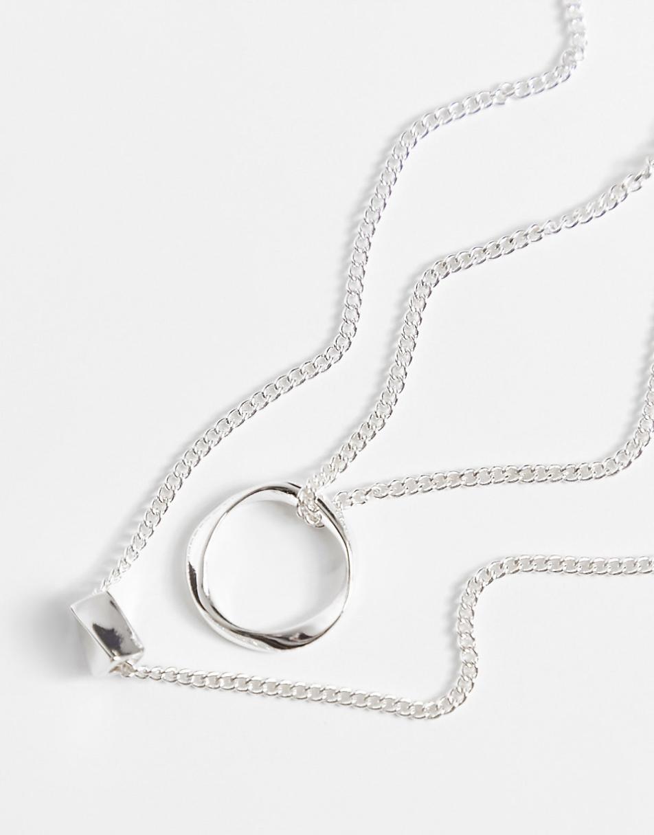 ASOS DESIGN multirow necklace with twisted bead and hoop design in silver tone