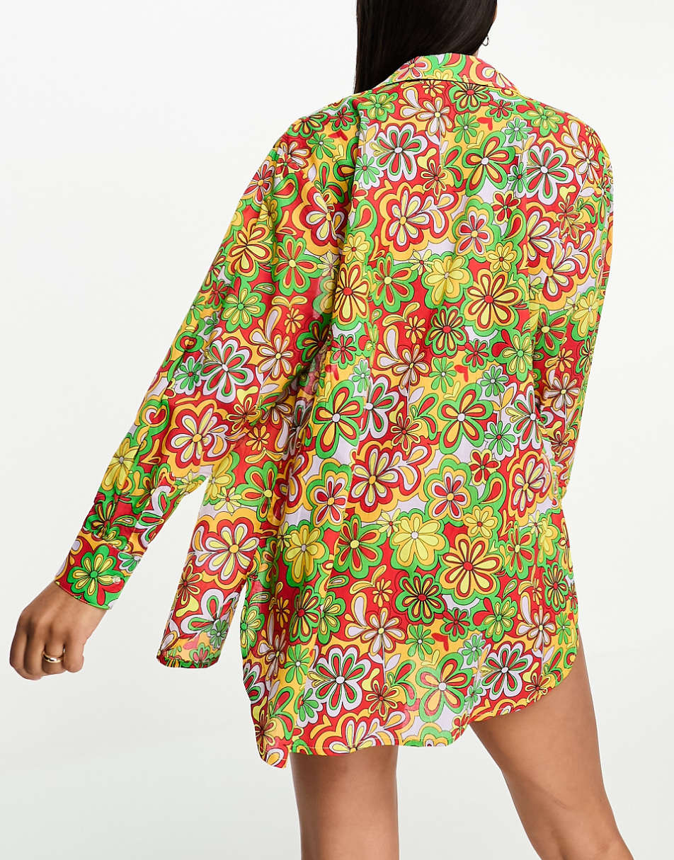 Only oversized beach shirt in bright 70s floral