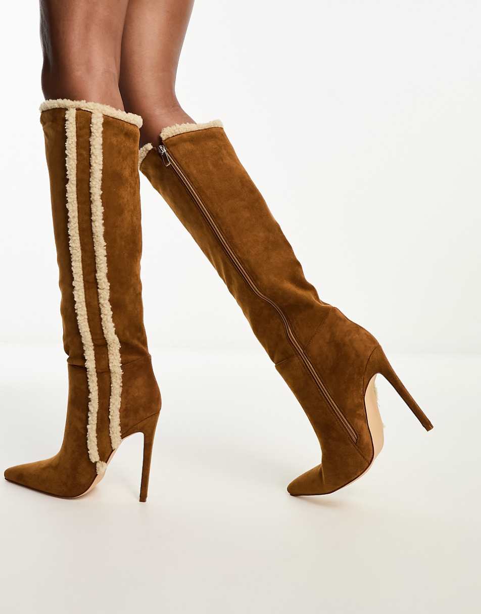 Simmi London Anders knee boots with faux shearling trim in chestnut