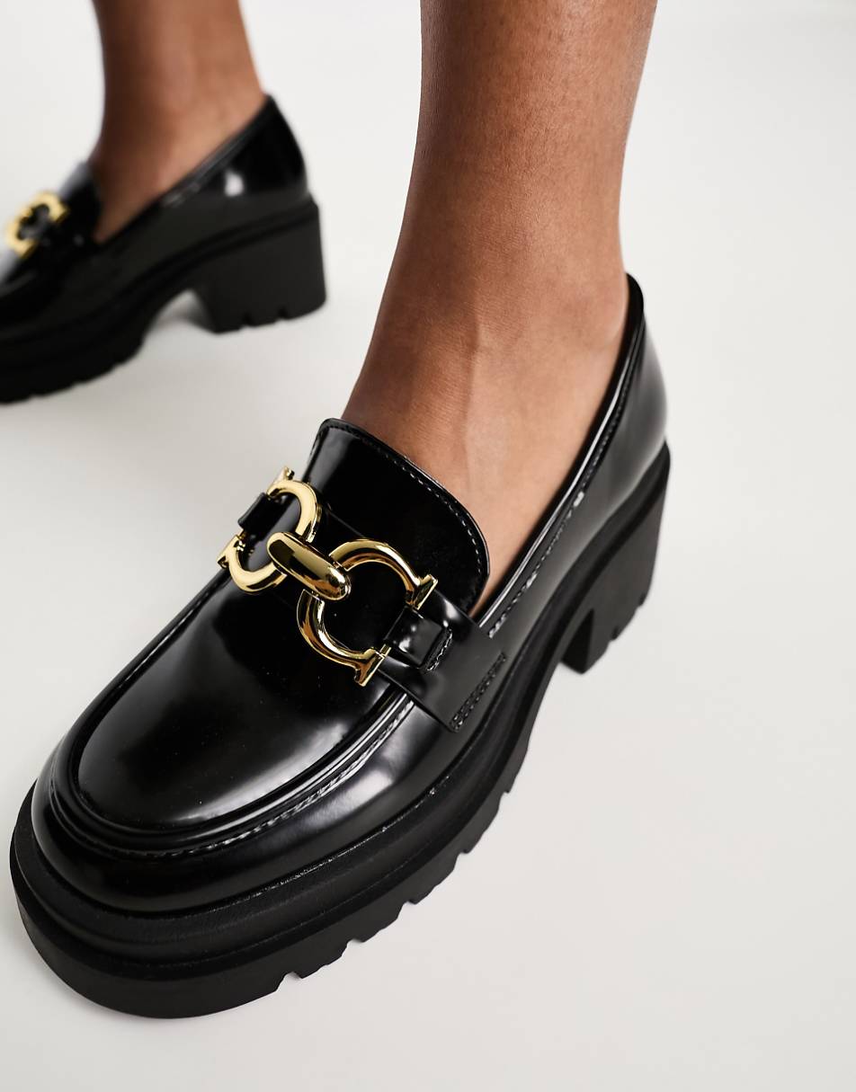 Glamorous chunky mid heeled loafers with buckle in black