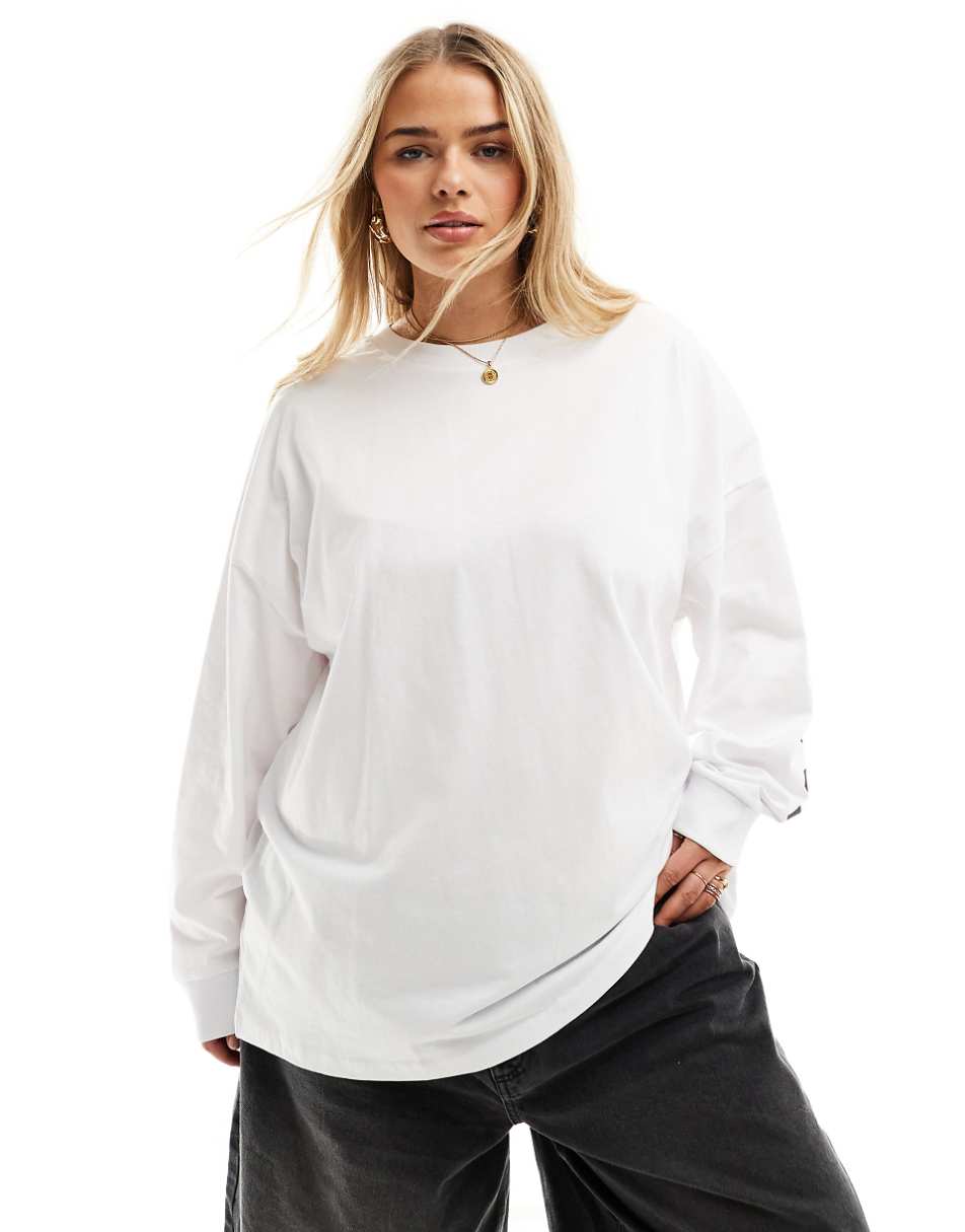 ASOS Weekend Collective Curve oversized long sleeve t-shirt with back logo in white