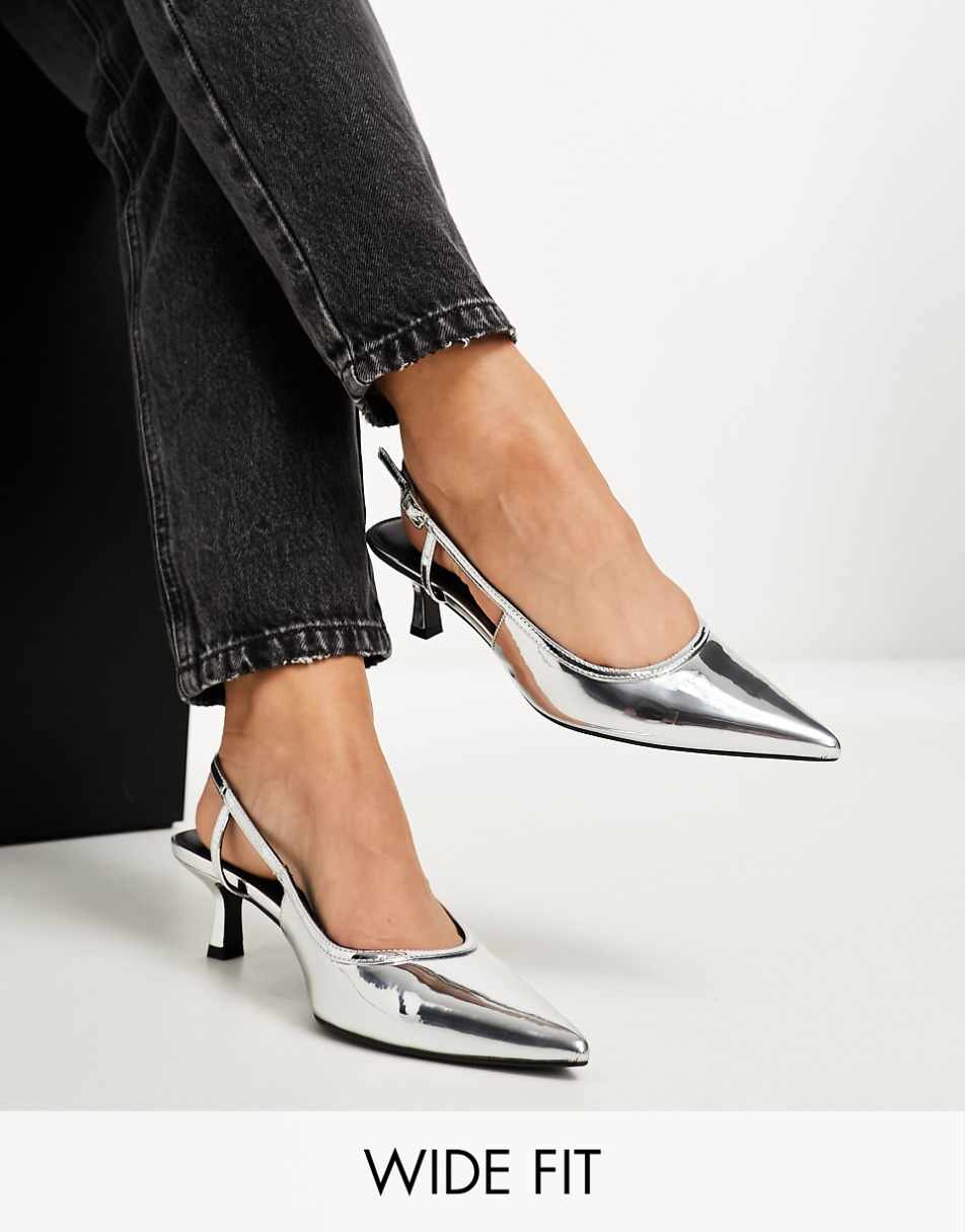 ASOS DESIGN Wide Fit Strut slingback kitten heeled shoes in silver