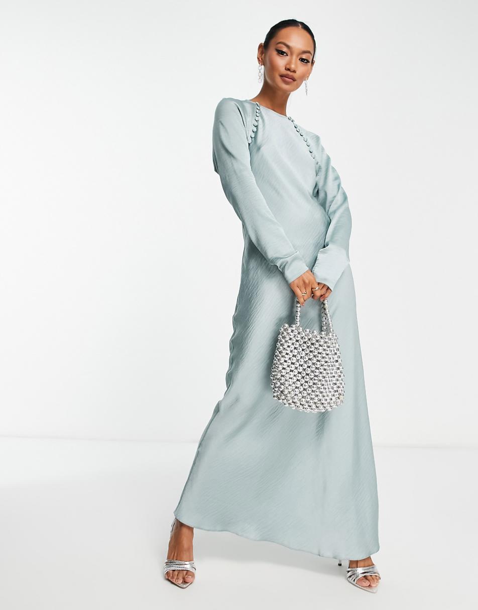 ASOS DESIGN satin biased maxi dress with button detail in silver blue