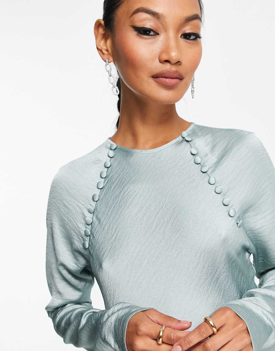 ASOS DESIGN satin biased maxi dress with button detail in silver blue