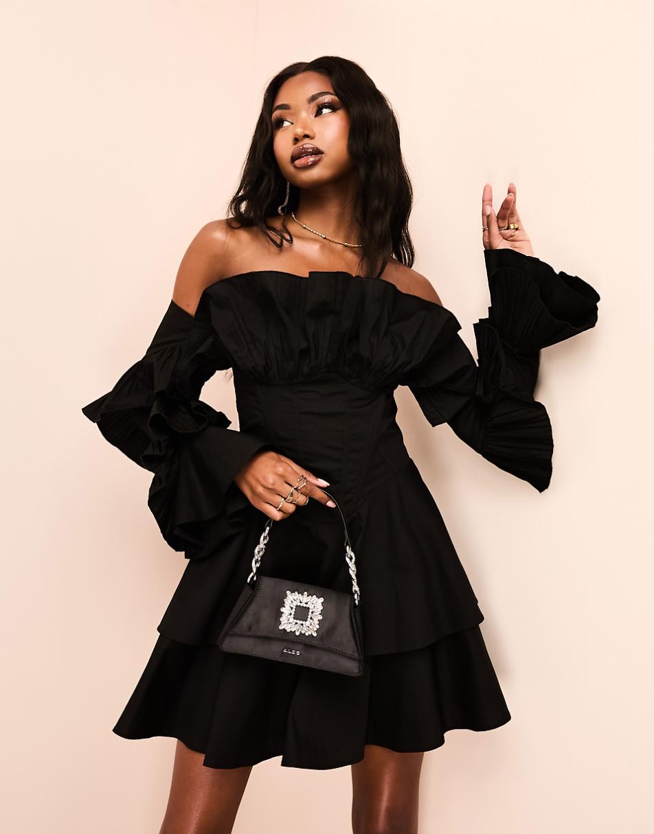 ASOS LUXE pleated off shoulder cotton poplin mini skater dress in black