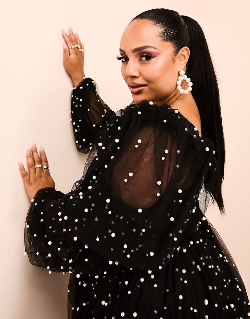 ASOS LUXE Curve tulle baby doll dress with pearl embellishment in black