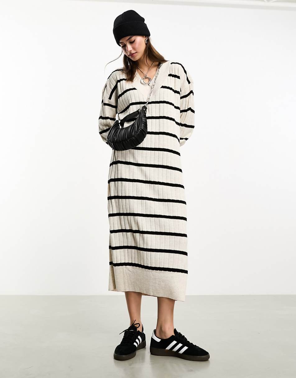 Only knitv neck maxi dress in cream and black stripe