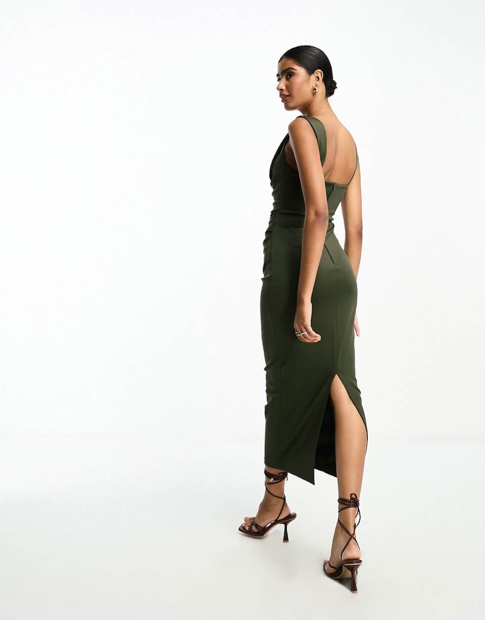 ASOS DESIGN square neck pleat bust midi pencil dress in deep green