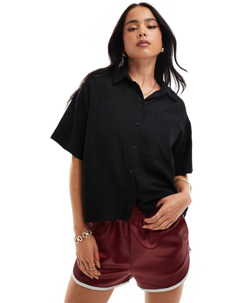 Pieces linen touch boxy shirt in black