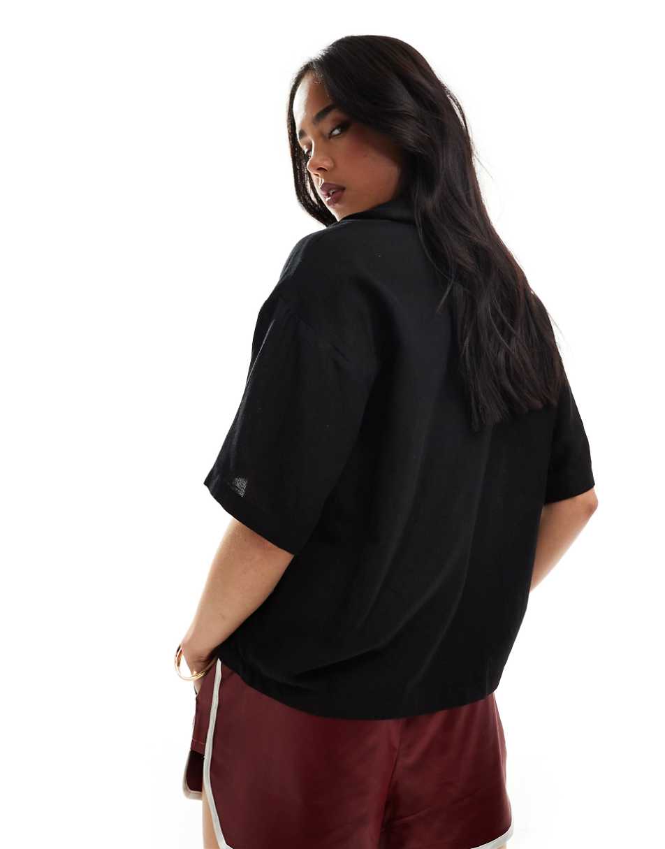Pieces linen touch boxy shirt in black
