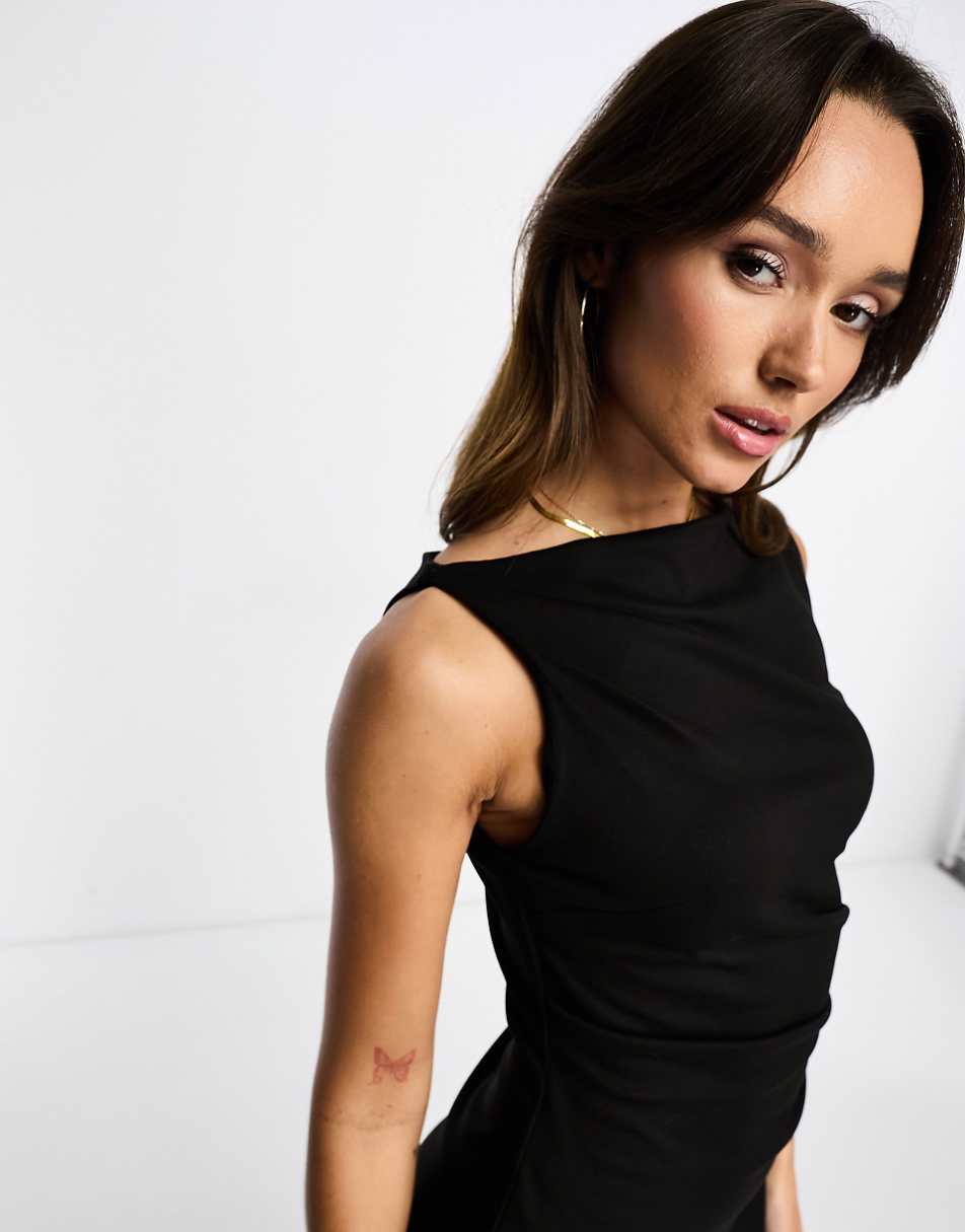 ASOS DESIGN slash neck ponte midi dress with ruched side detail in black