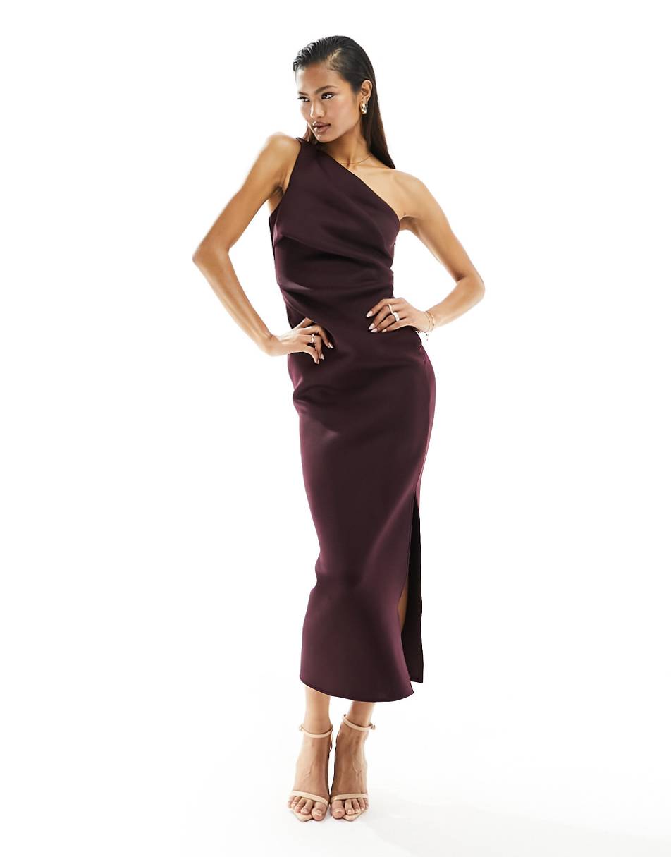 ASOS DESIGN pleated one shoulder scuba midi dress in aubergine