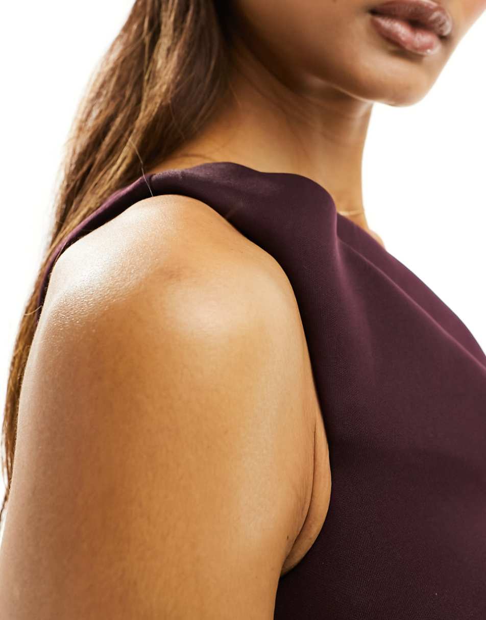 ASOS DESIGN pleated one shoulder scuba midi dress in aubergine