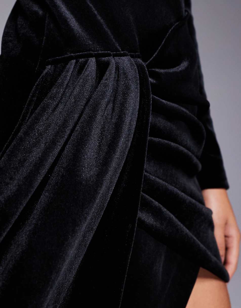 ASOS LUXE velvet bow detailed draped mini dress in black