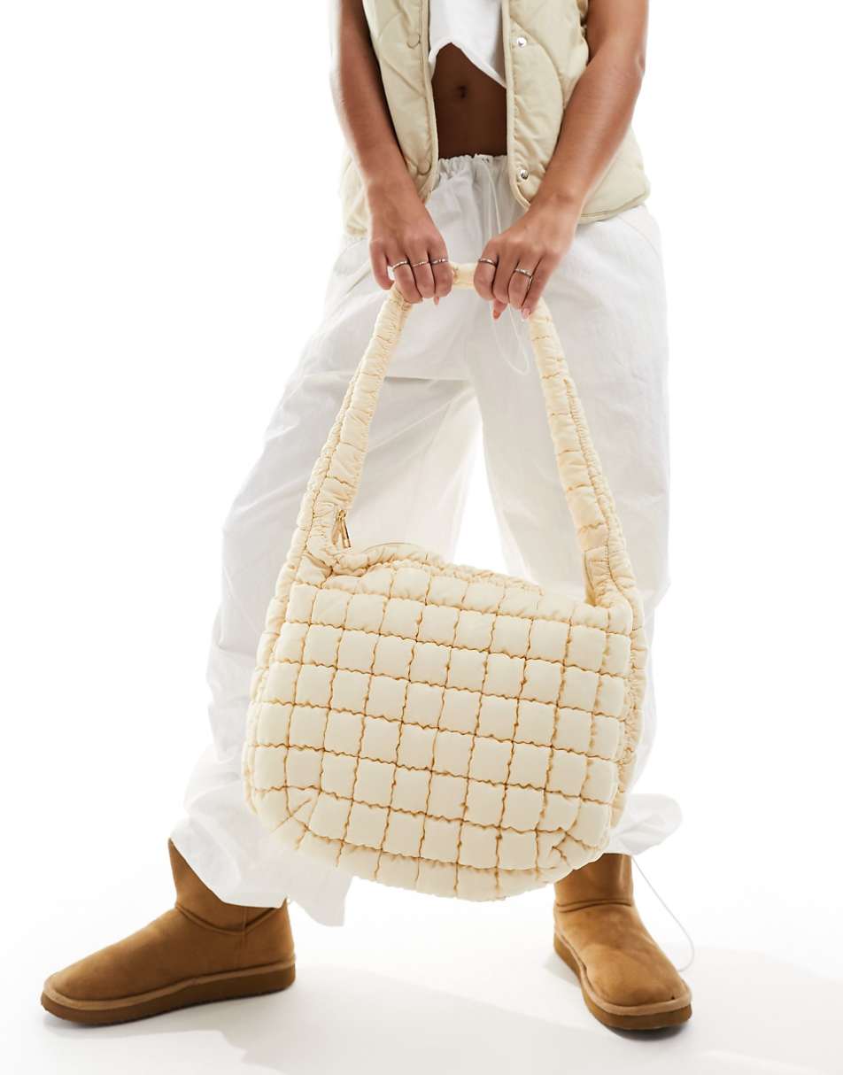 Glamorous oversized padded shoulder bag in cream nylon