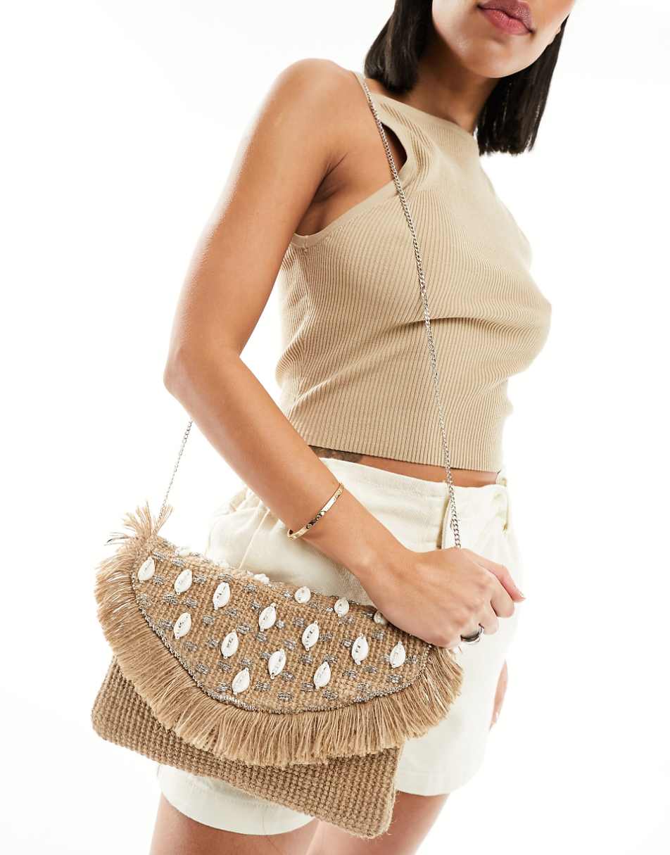 Glamorous embellished shell beachy clutch bag in natural