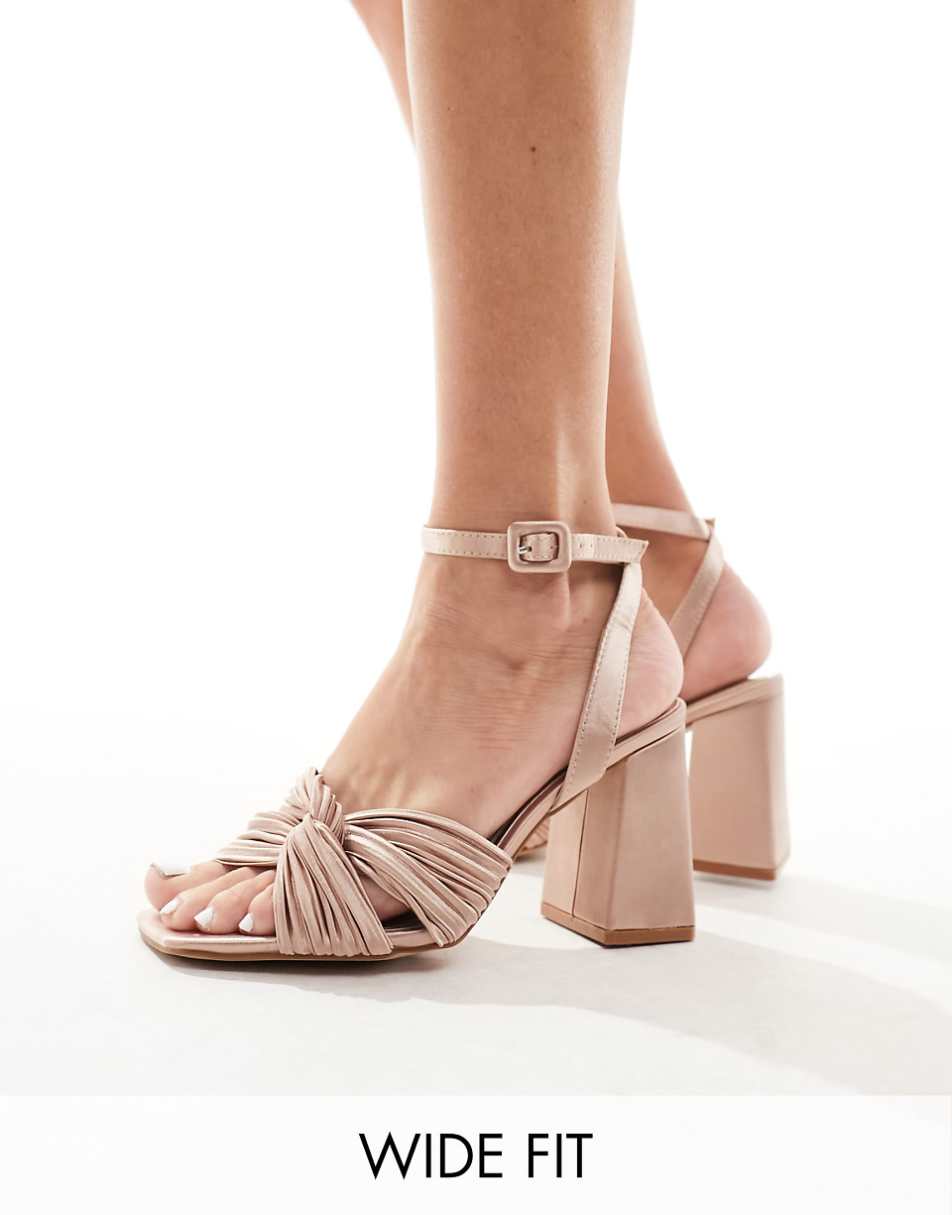 Be Mine Wide Fit Bridal Snuggle plisse block heeled sandals in champagne