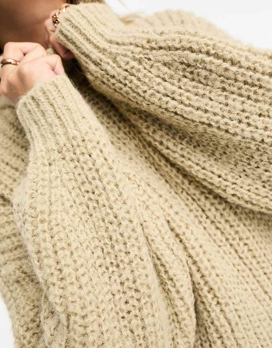Monki high neck chunky rib knitted sweater with volume sleeve in beige