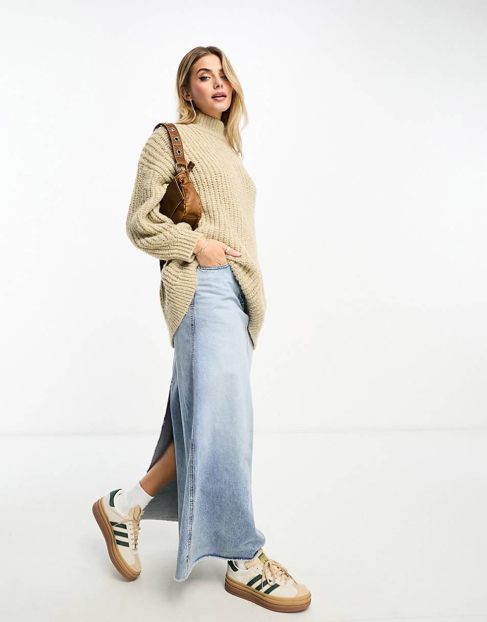 Monki high neck chunky rib knitted sweater with volume sleeve in beige