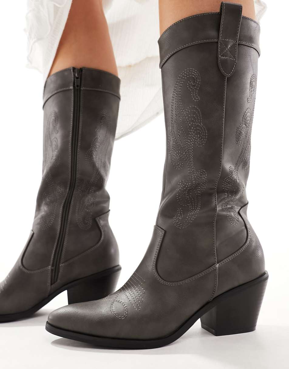 Glamorous Wide Fit western knee boots in gray