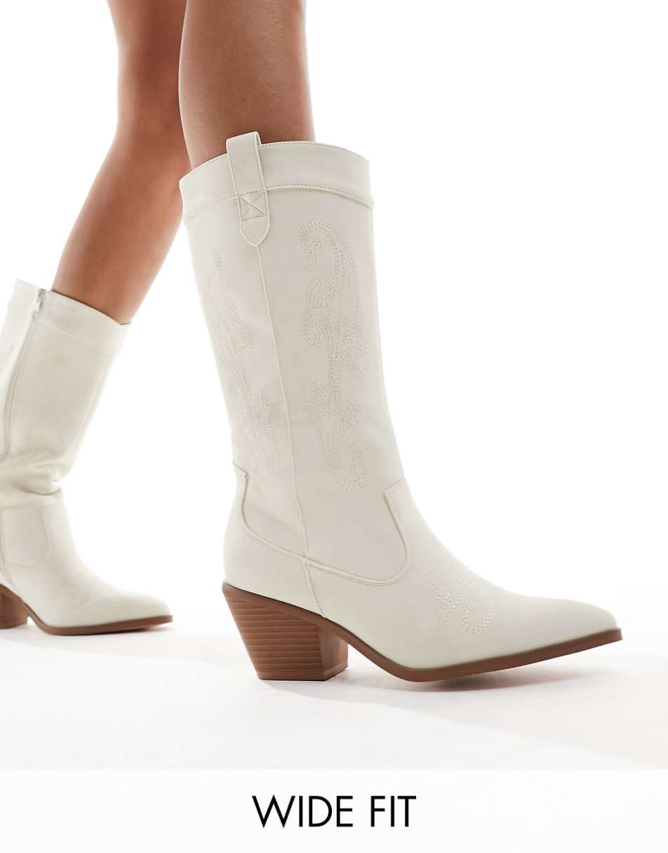 Glamorous Wide Fit western knee boots in off white micro