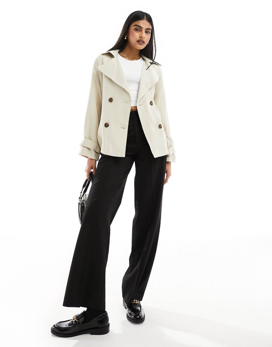 ASOS DESIGN short lightweight trench coat with tie waist in stone