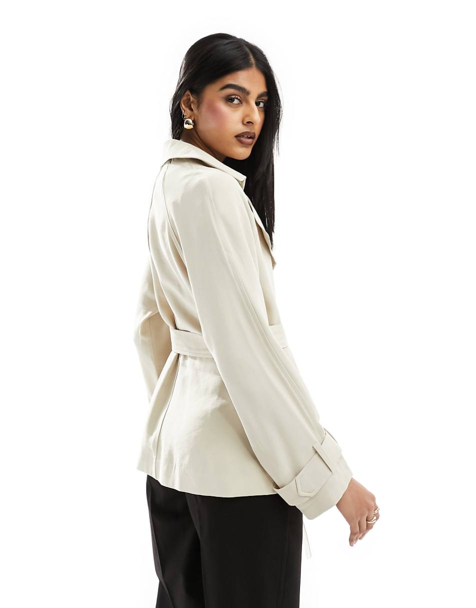 ASOS DESIGN short lightweight trench coat with tie waist in stone