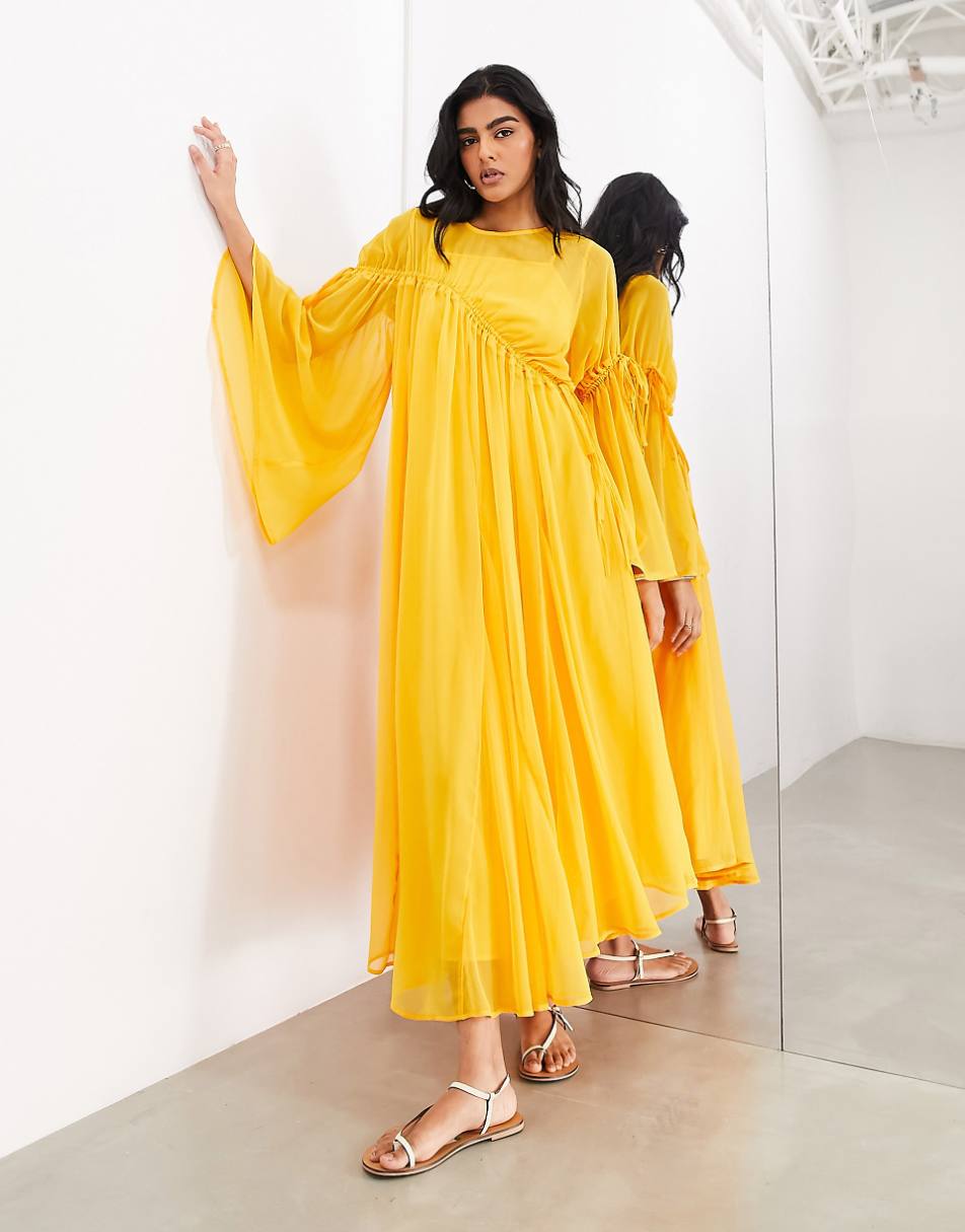 ASOS Edition long sleeve chiffon maxi dress with gathered detail in orange