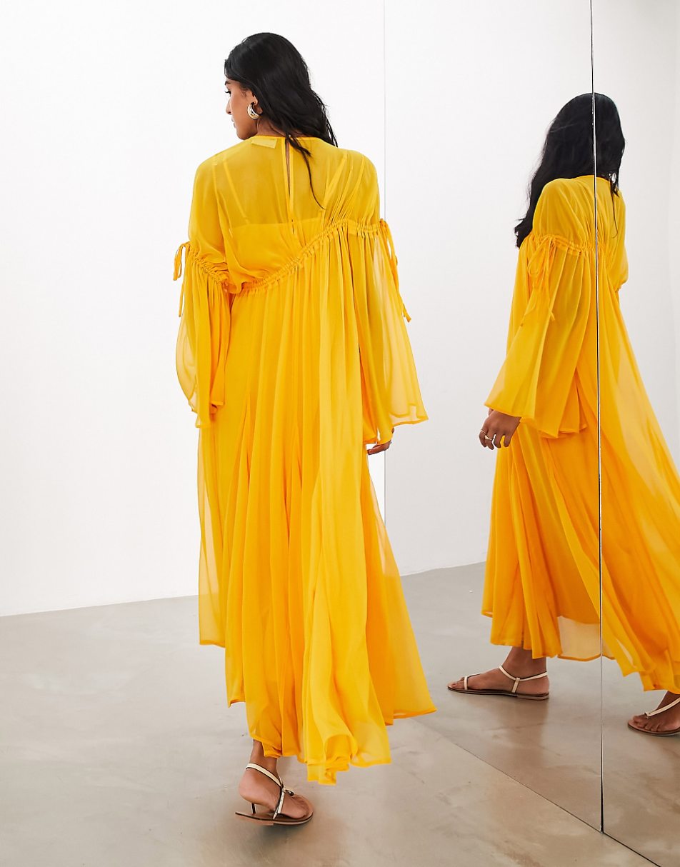 ASOS Edition long sleeve chiffon maxi dress with gathered detail in orange