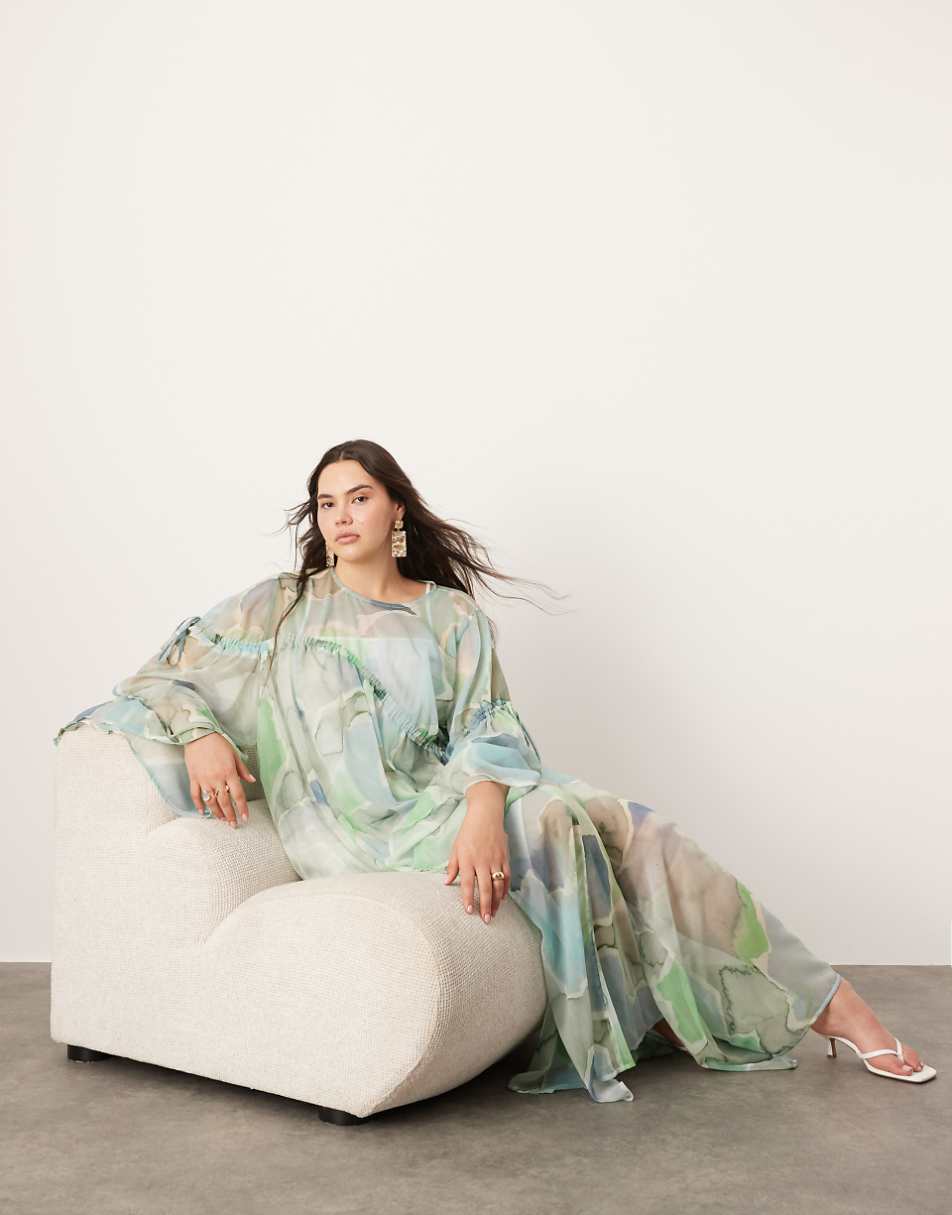 ASOS EDITION Curve long sleeve chiffon maxi dress with gathered detail in blue watercolour