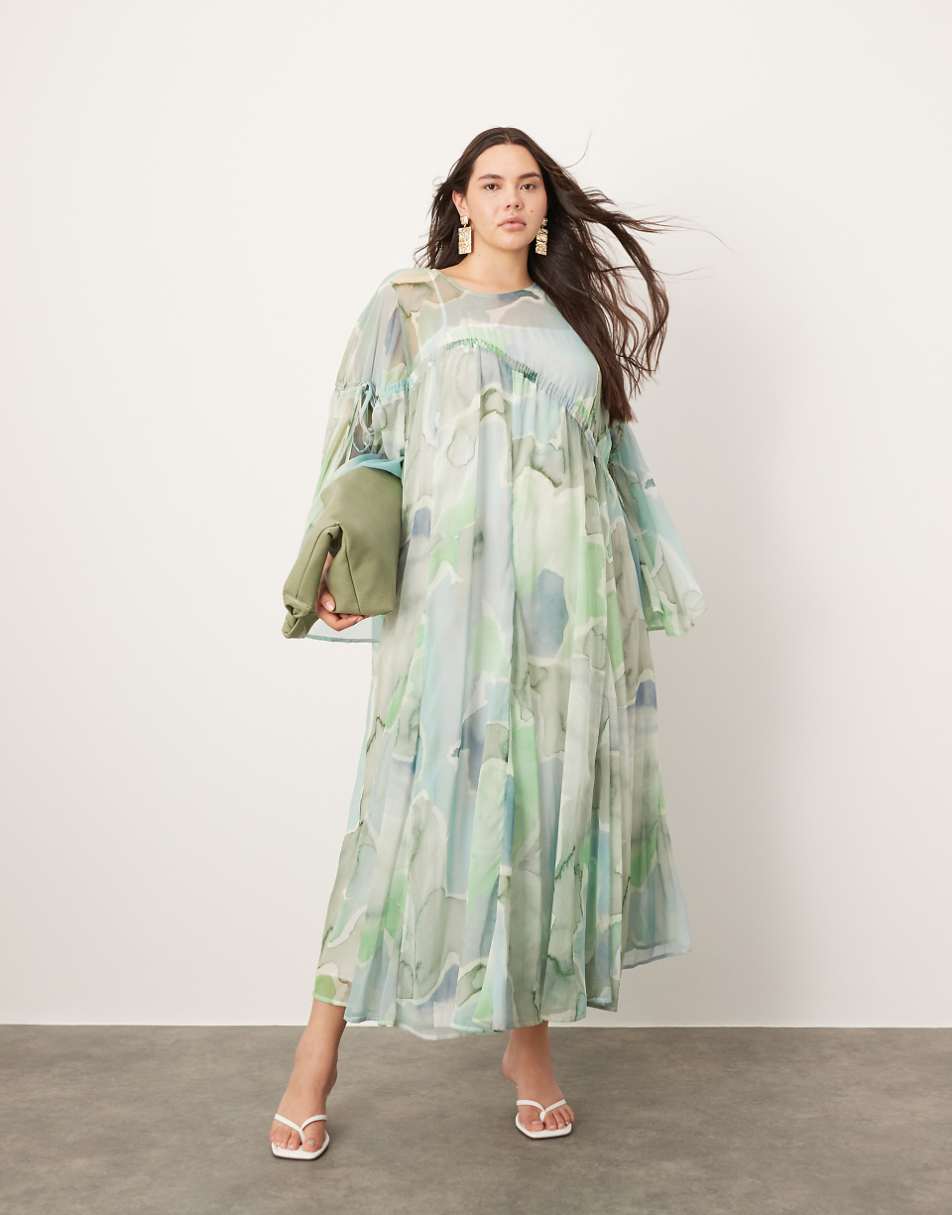 ASOS EDITION Curve long sleeve chiffon maxi dress with gathered detail in blue watercolour