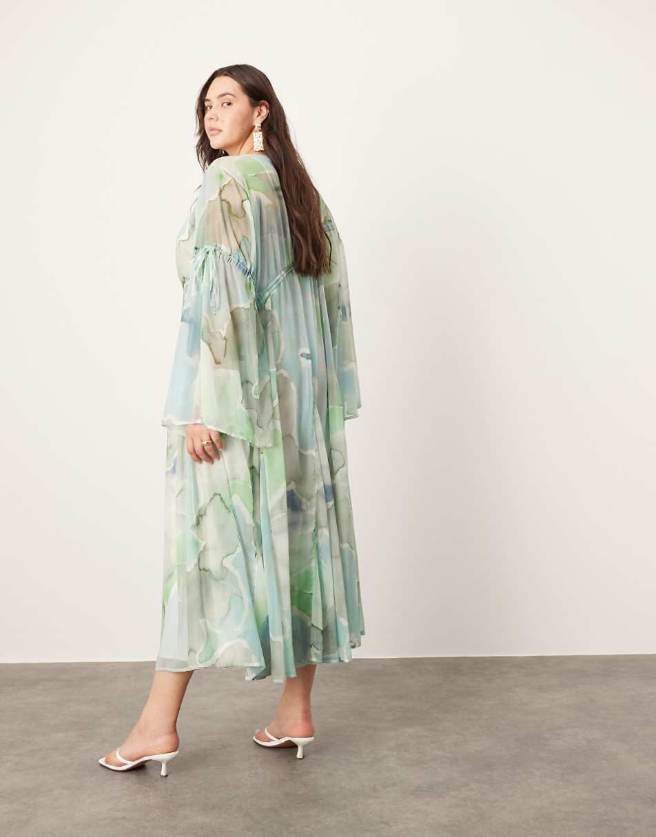 ASOS EDITION Curve long sleeve chiffon maxi dress with gathered detail in blue watercolour