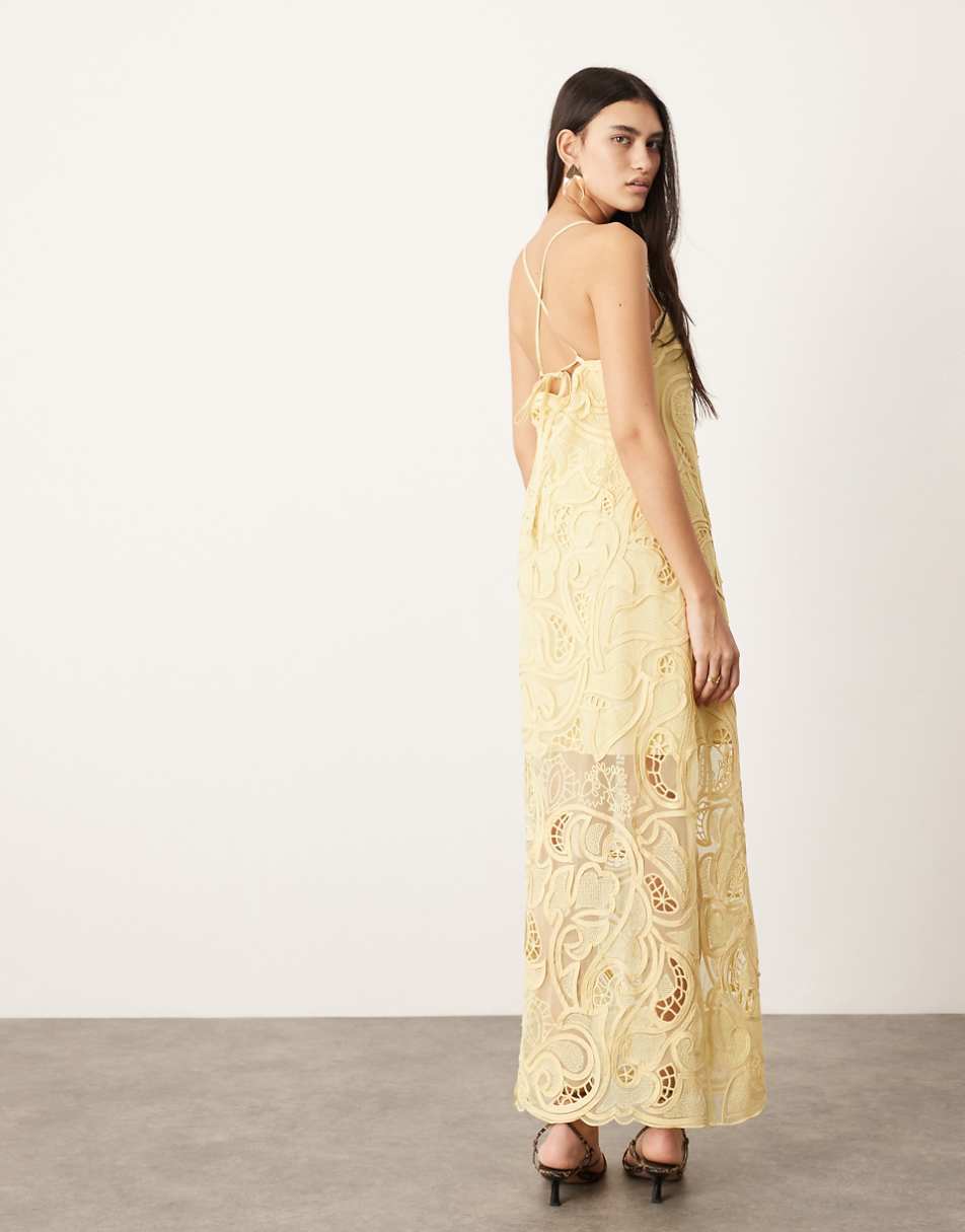 ASOS EDITION embroidered cut work cami column maxi dress in yellow