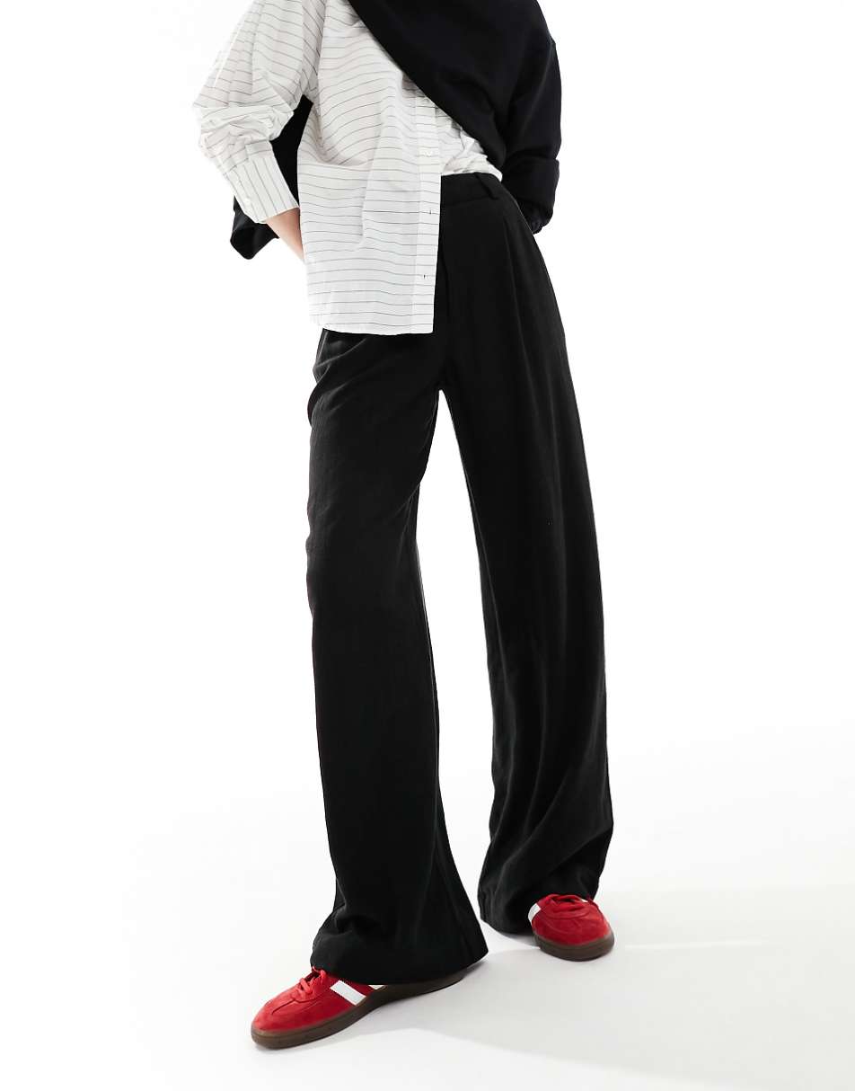 ASOS DESIGN Tall Wide leg dad pants with linen in black