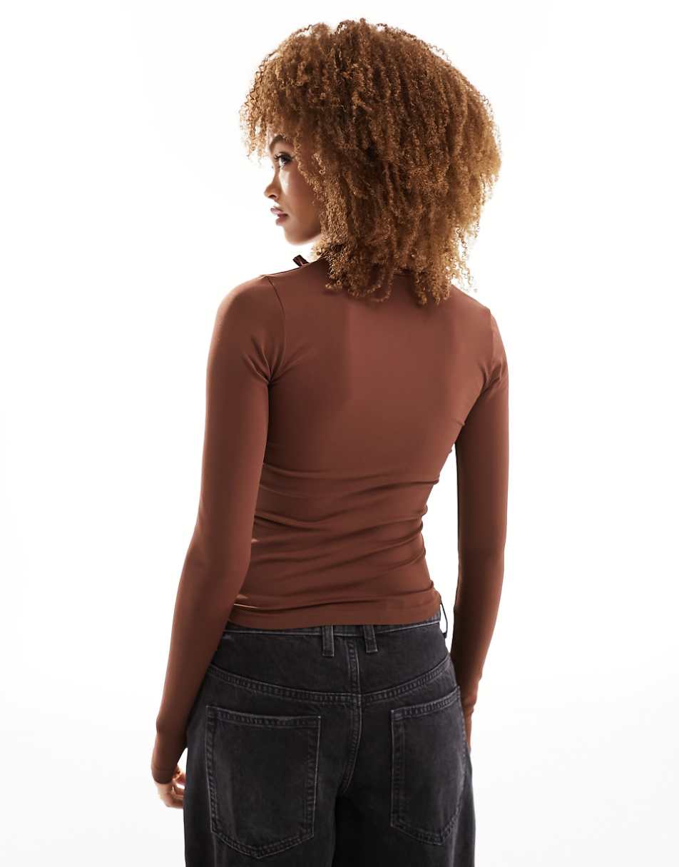 ASOS DESIGN seamless sculpting long sleeve zip through top in chocolate