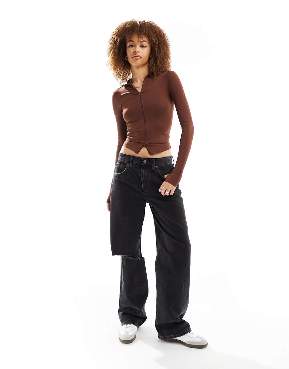 ASOS DESIGN seamless sculpting long sleeve zip through top in chocolate