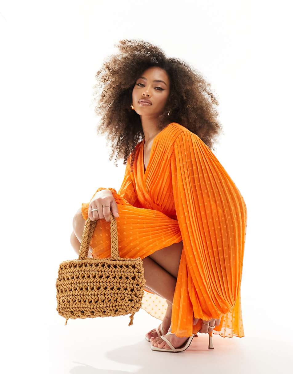 ASOS DESIGN pleated textured chiffon wrap button detail mini dress in bright orange