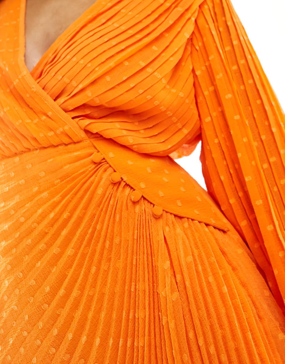 ASOS DESIGN pleated textured chiffon wrap button detail mini dress in bright orange
