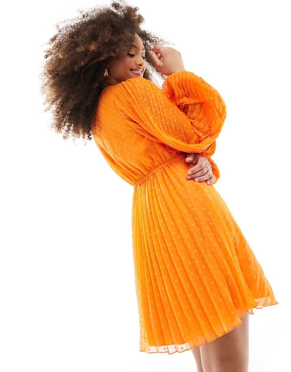 ASOS DESIGN pleated textured chiffon wrap button detail mini dress in bright orange