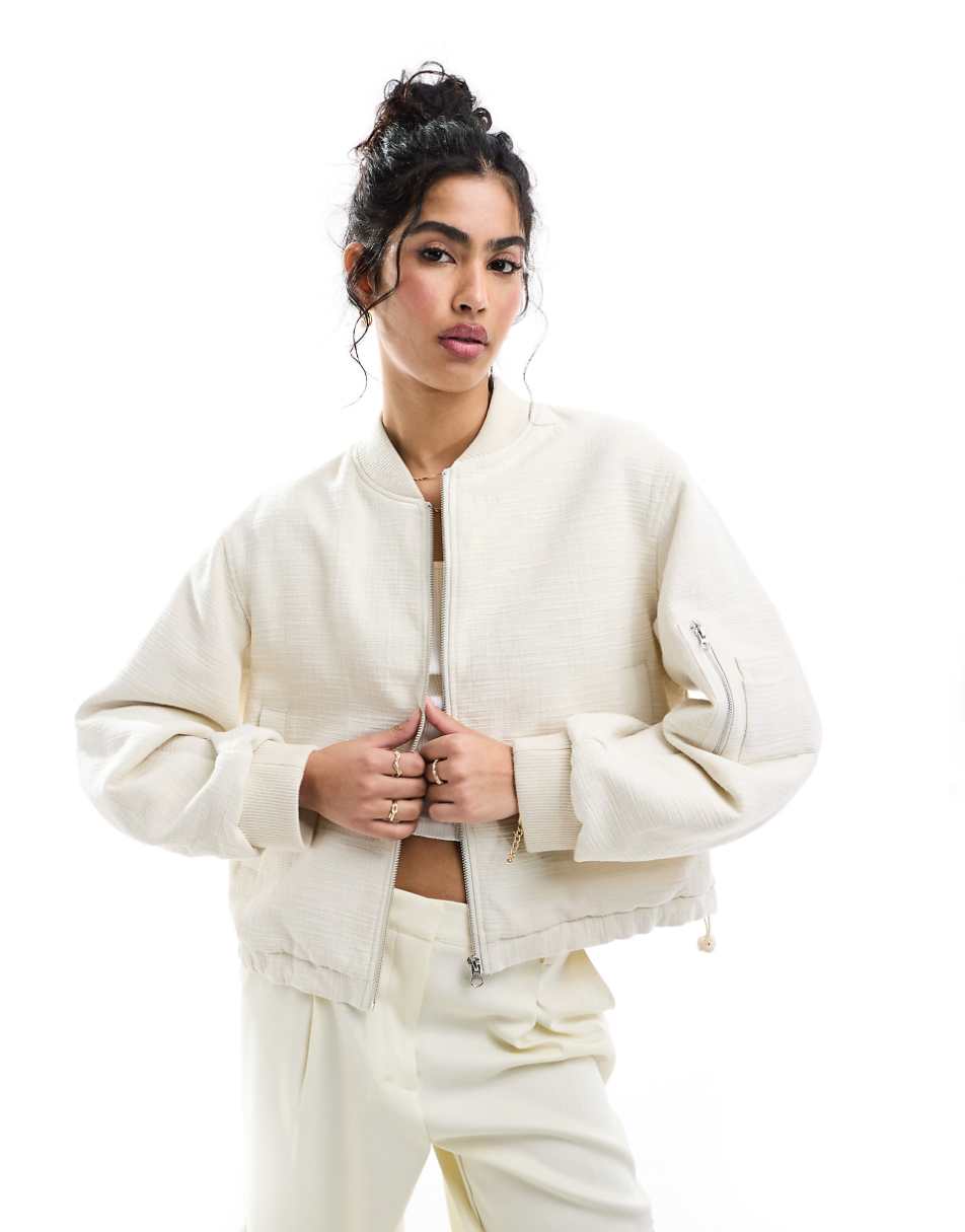 ASOS DESIGN textured crop bomber jacket in stone